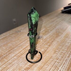 Ruby in Zoisite (Anyolite) wand scepter with stand